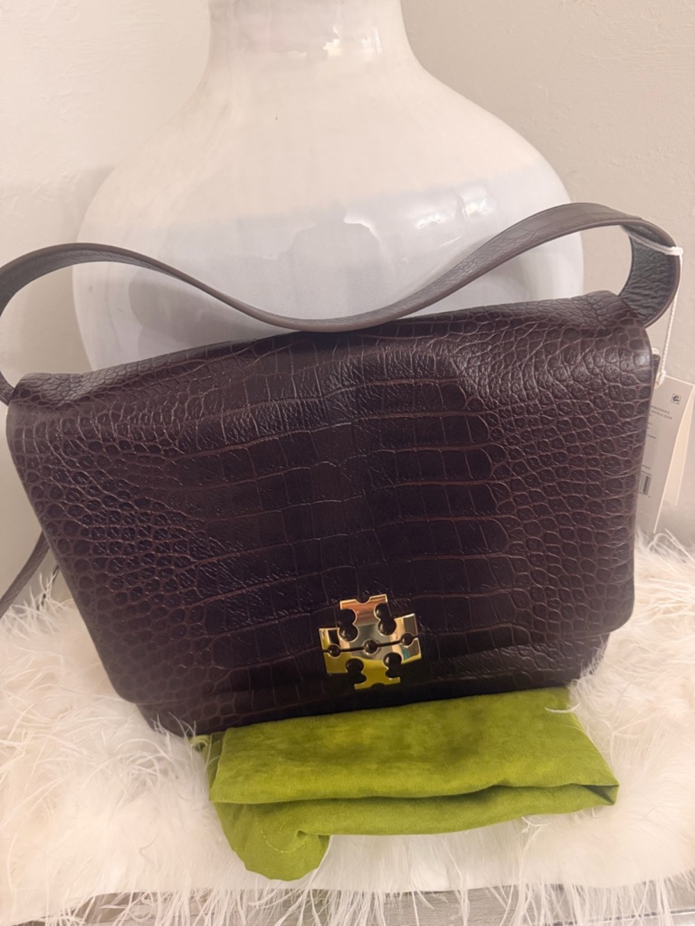 Tory Burch Runway Large  Charlie Croc Embossed Leather Shoulder Bag